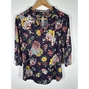 PerSeption Concept Blouse Womens Medium Purple Floral V Neck 3/4 Sleeve Top